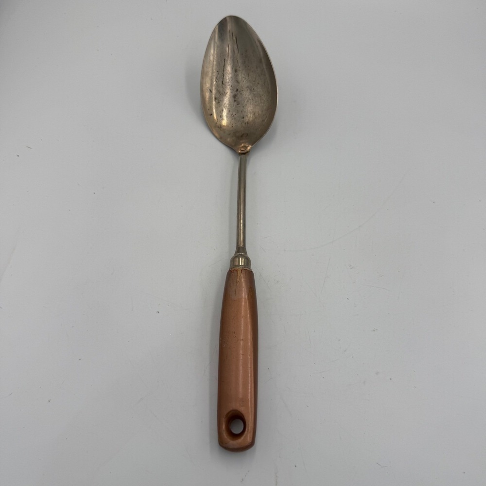 Vintage Ekco USA Stainless Serving Spoon Copper Handle Mid Century Kitchen Tool